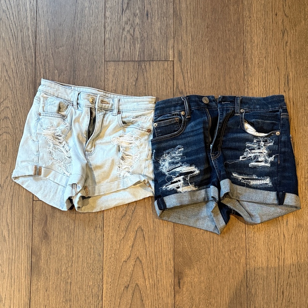American Eagle Outfitters Light and Dark Blue Distressed Jean Shorts